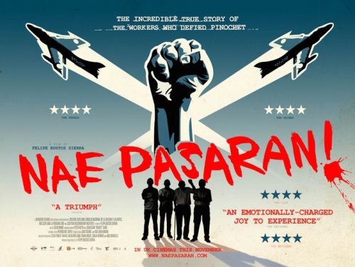 film poster for Nae Pasaran - showing fist in the air with aircraft pointing diagonally either side of the fist. shadow of men standing under the fist with 'Nae Pasaran!' in big red caps stated diagonally across the poster