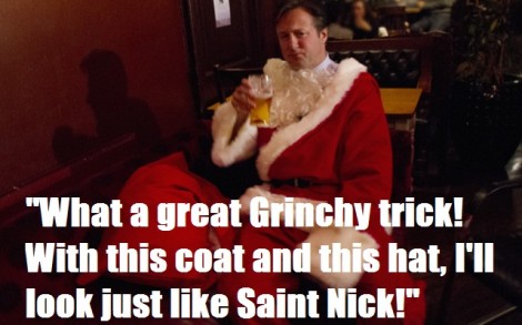 David Cameron wearing a santa costume and holding a pint of beer. The words '"What a great Grinchy trick! "With this coat and this hat, I'll look just like Saint Nick!"' are overlaid