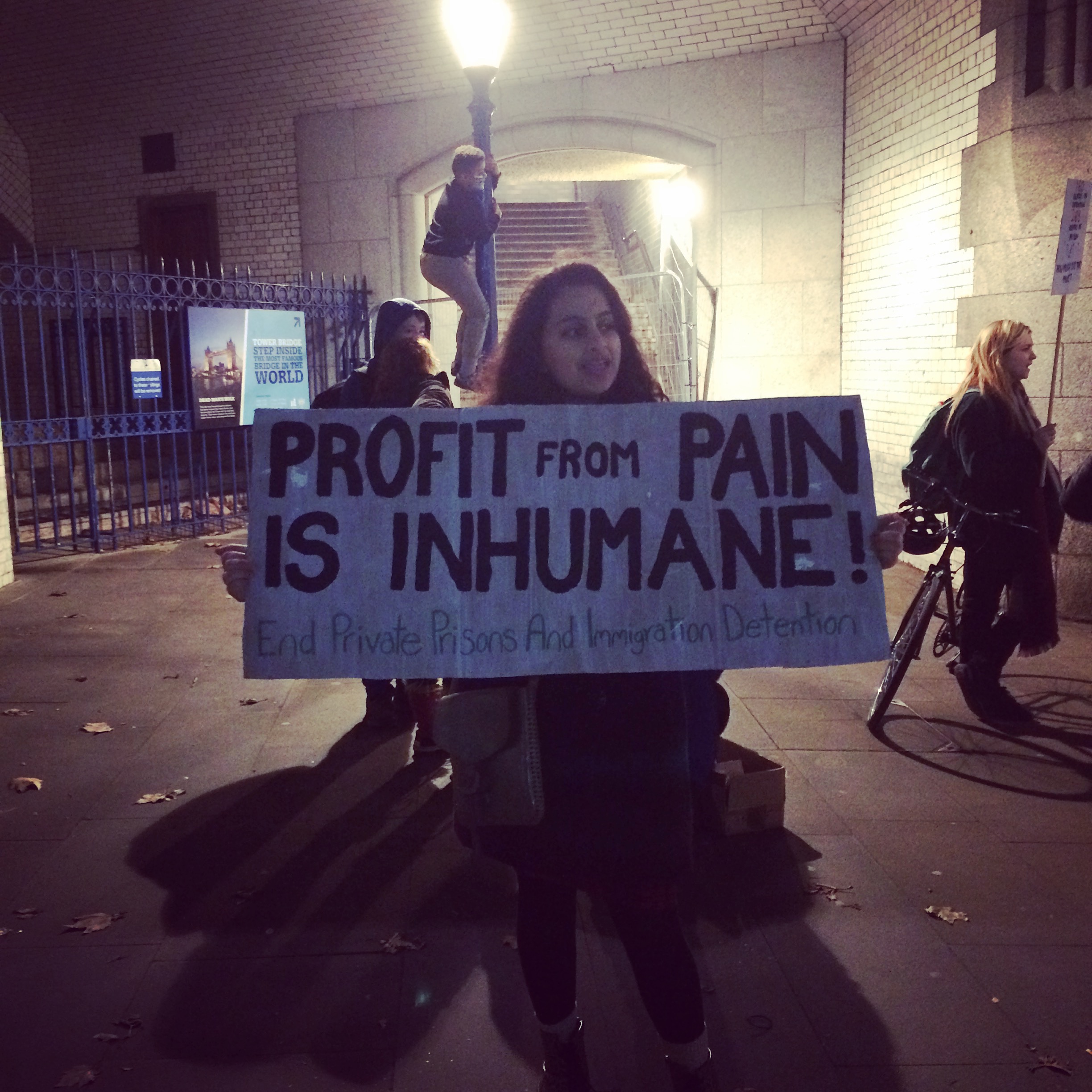 "Profit from pain is inhumane" protesting at the Detention and Security Summit