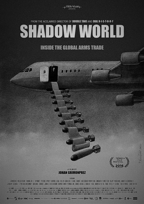 poster of the film 'Shadow World' showing a aircraft with arms falling from it