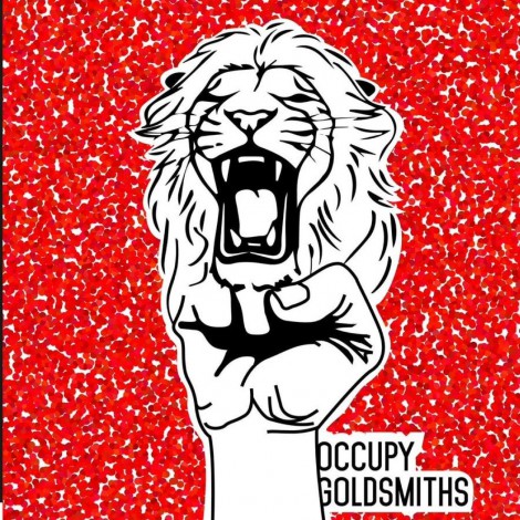 Occupy goldsmiths logo, a roaring lion coming out of a fist and the words occupy goldsmith