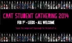 Pink text on black background saying, "Student Gathering. Friday 1st. Leeds. All welcome.